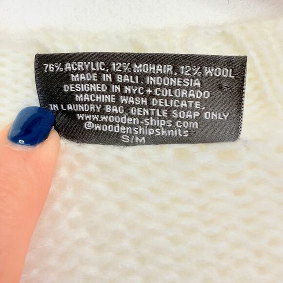 Wooden Ships Heart Sweater S/M Cream Red Mohair Wool Blend Chunky Knit Pullover - Picture 8 of 9